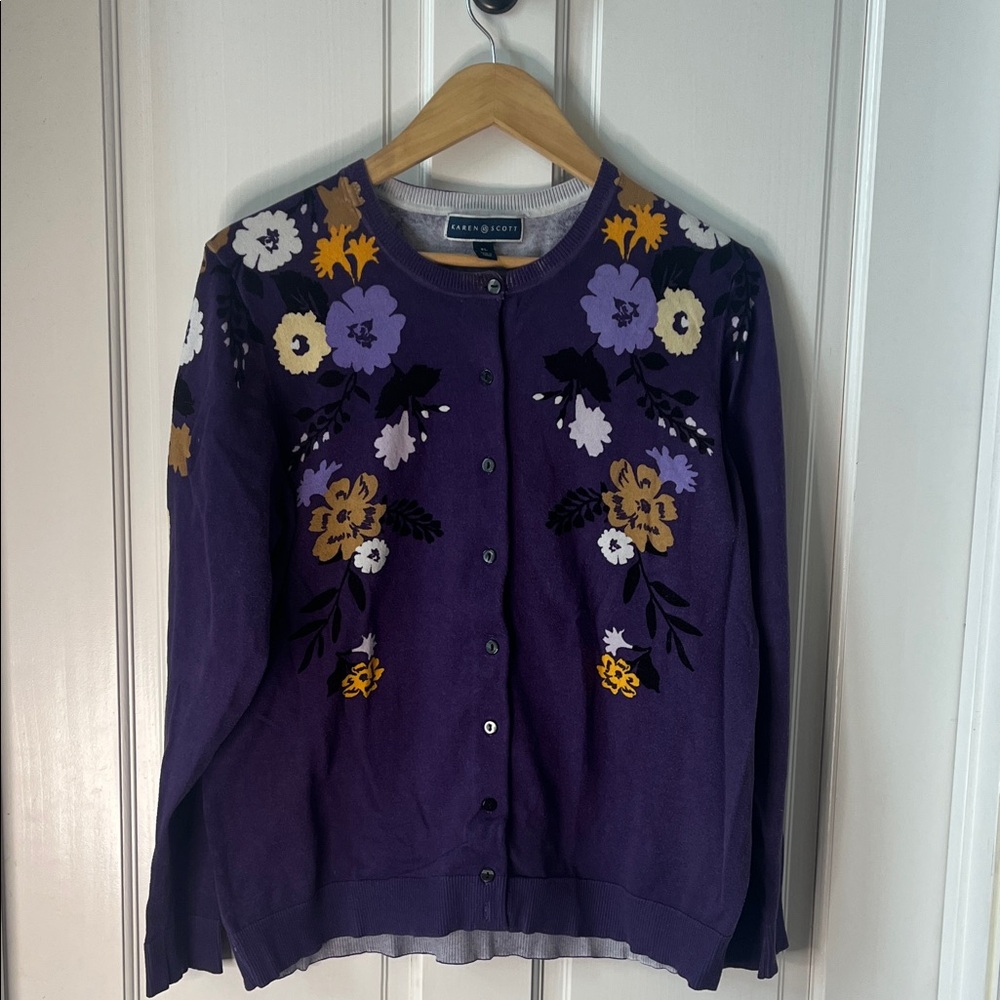 Karen Scott Purple Floral Cardigan - Picture 2 of 6